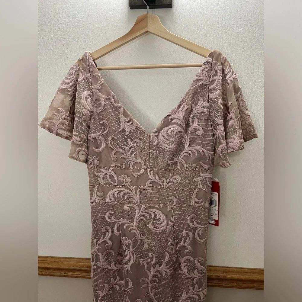 NWT Carmen Marc Valvo Infusion DUSTY ROSE Embroidered Flutter Sleeve Gown Size 6 - Picture 6 of 13